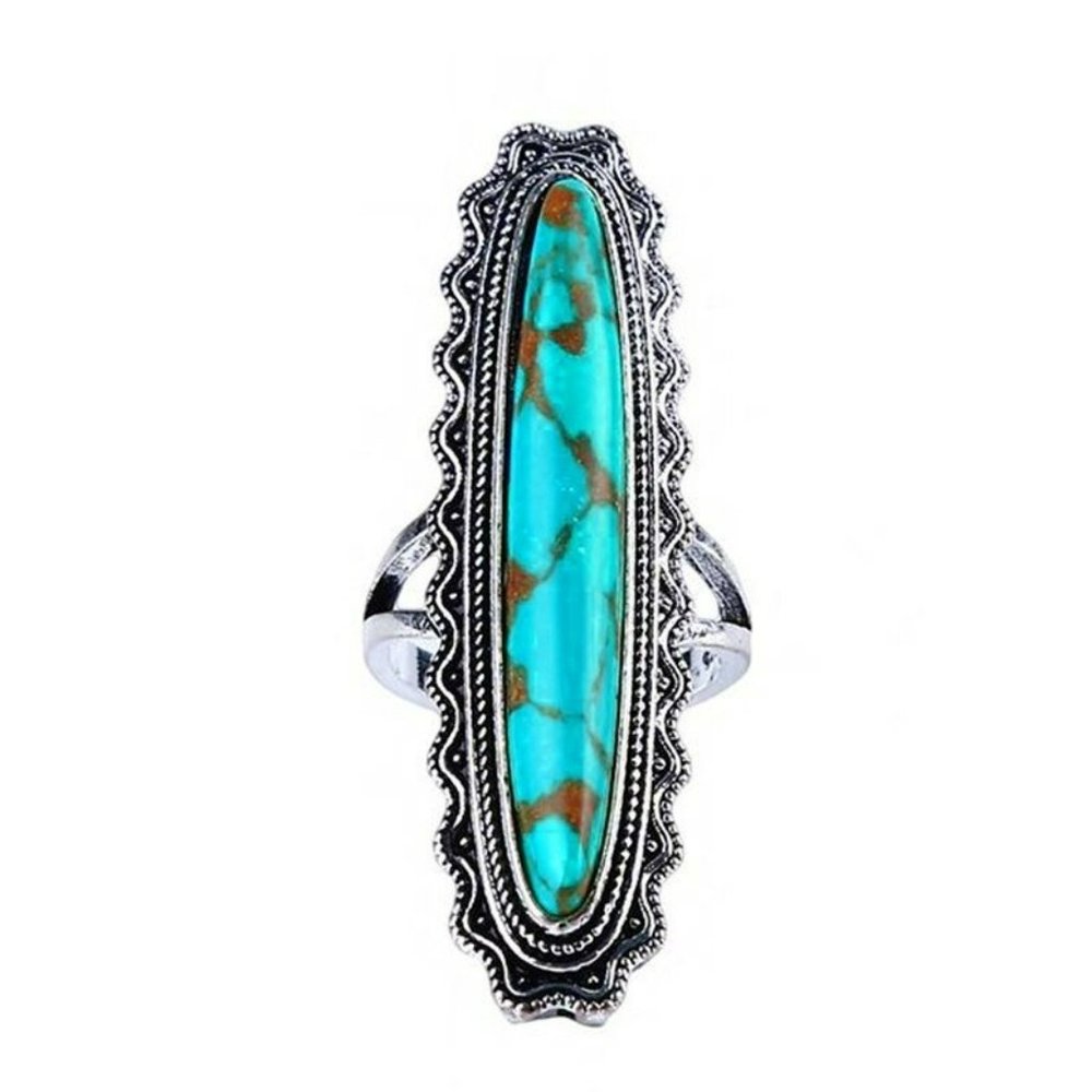 Long Vintage Blue Turquoise Antique Silver Ring - Picture 2 of 9